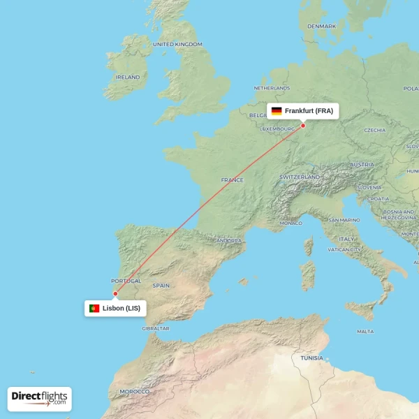 Frankfurt - Lisbon direct flight map