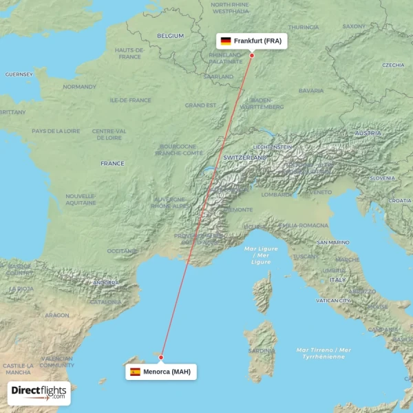 Frankfurt - Menorca direct flight map