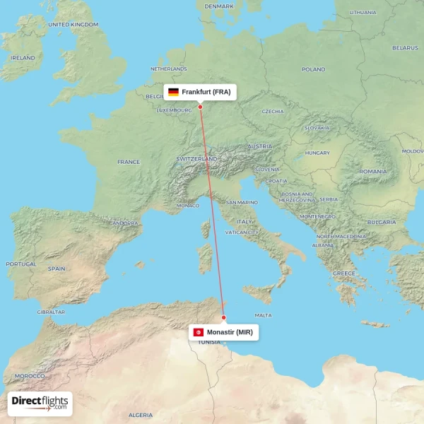 Frankfurt - Monastir direct flight map