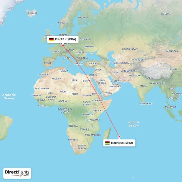 Frankfurt - Mauritius direct flight map