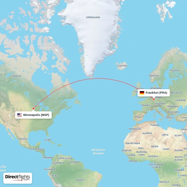 Frankfurt - Minneapolis direct flight map