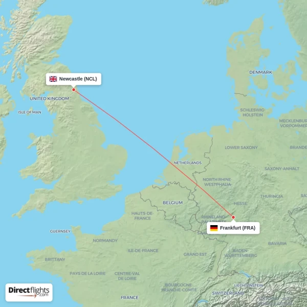 Frankfurt - Newcastle direct flight map