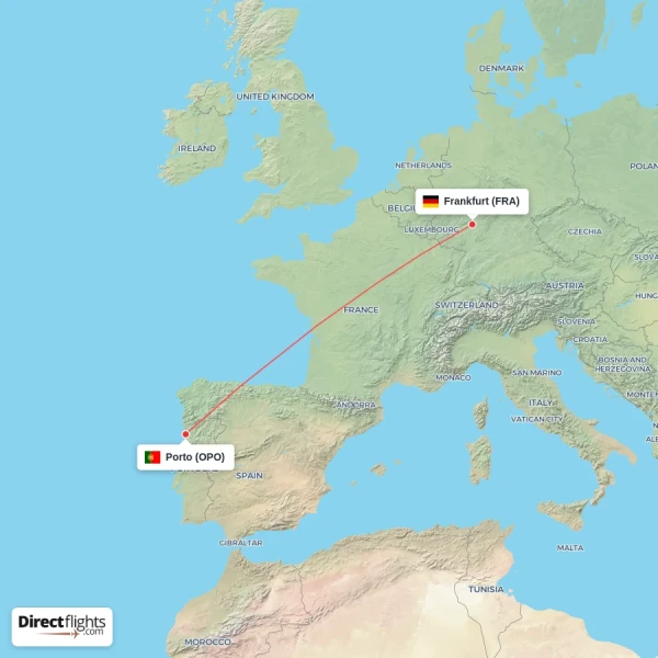 Frankfurt - Porto direct flight map