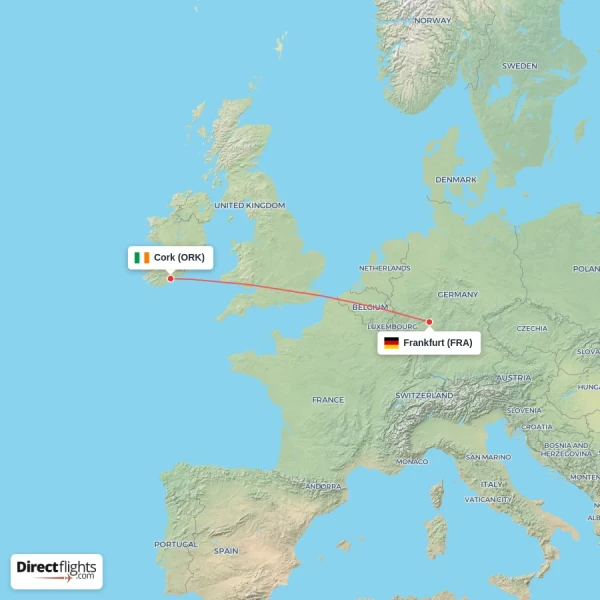 Frankfurt - Cork direct flight map