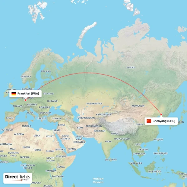 Frankfurt - Shenyang direct flight map