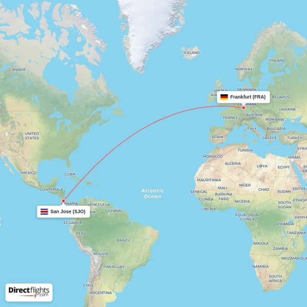 Frankfurt - San Jose direct flight map