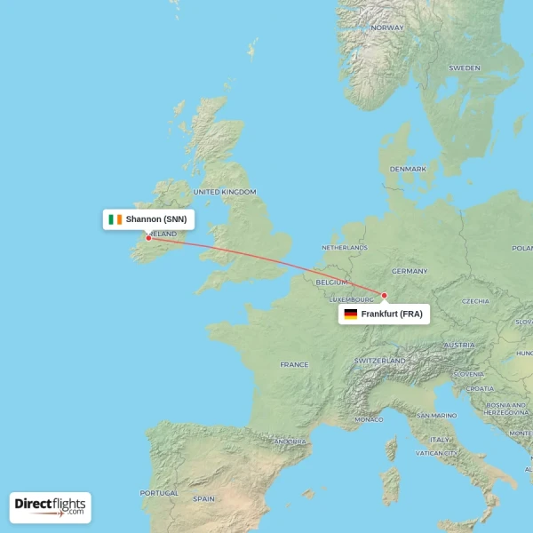 Frankfurt - Shannon direct flight map