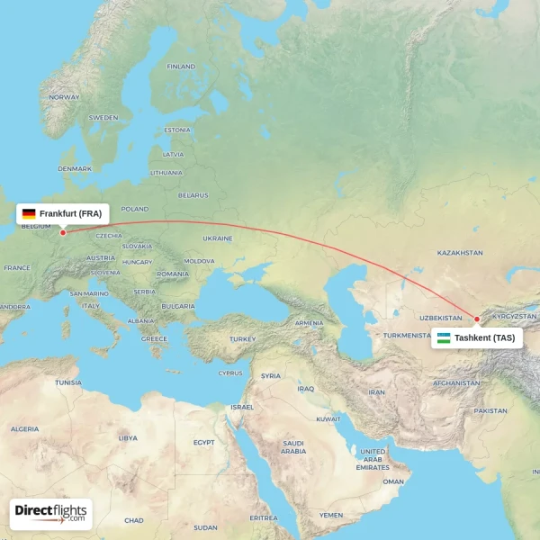 Frankfurt - Tashkent direct flight map