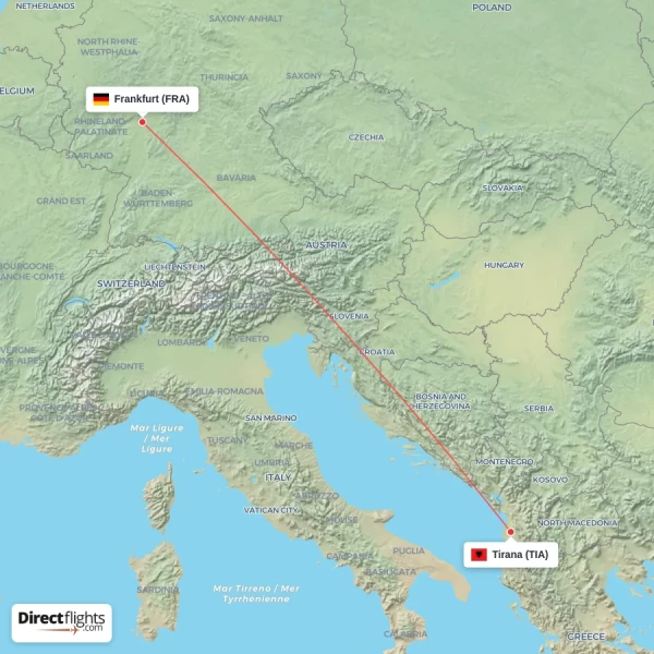 Frankfurt - Tirana direct flight map