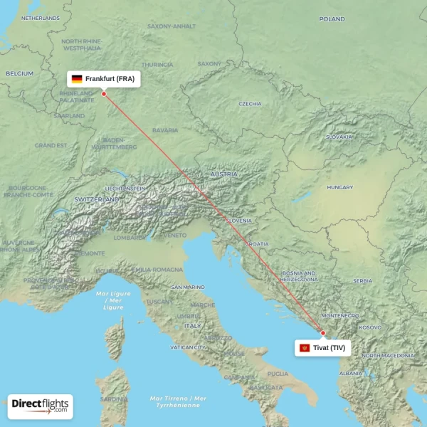 Frankfurt - Tivat direct flight map