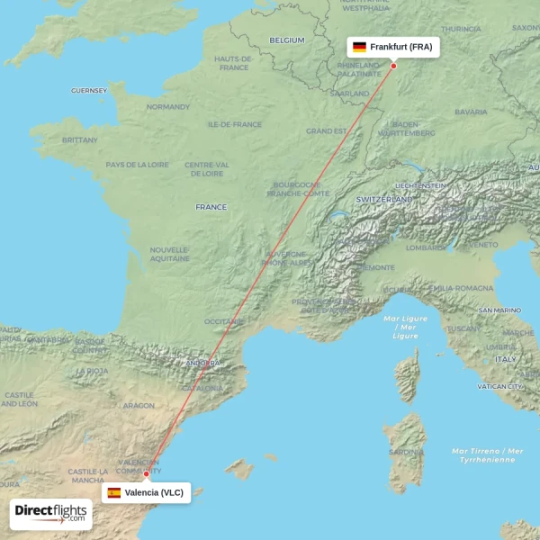Frankfurt - Valencia direct flight map