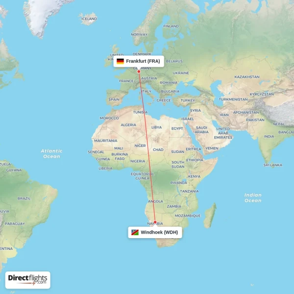 Frankfurt - Windhoek direct flight map