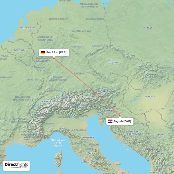 Frankfurt - Zagreb direct flight map