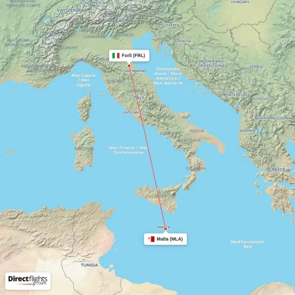 Forli - Malta direct flight map