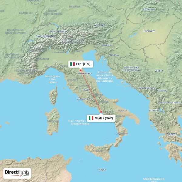 Forli - Naples direct flight map