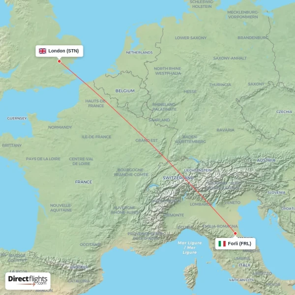 Forli - London direct flight map