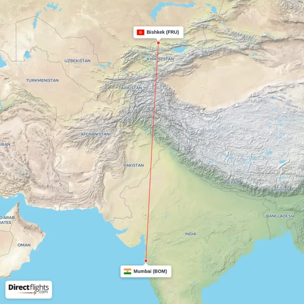 Bishkek - Mumbai direct flight map