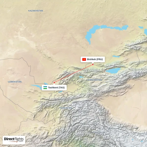 Bishkek - Tashkent direct flight map