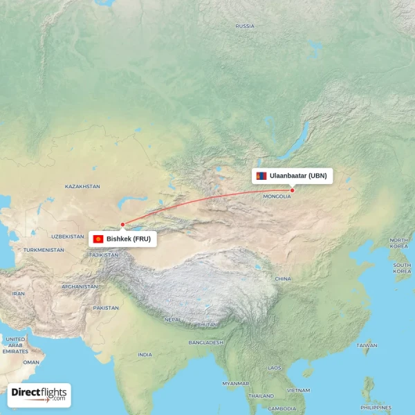 Bishkek - Ulaanbaatar direct flight map