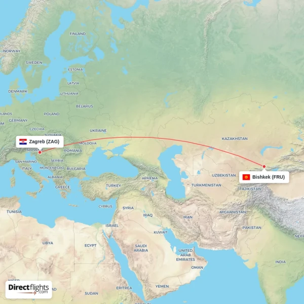 Bishkek - Zagreb direct flight map