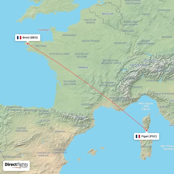 Figari - Brest direct flight map