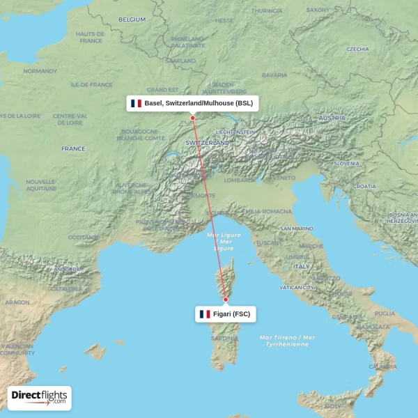 Figari - Basel, Switzerland/Mulhouse direct flight map