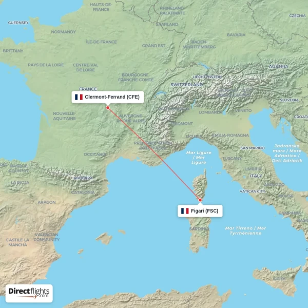 Figari - Clermont-Ferrand direct flight map
