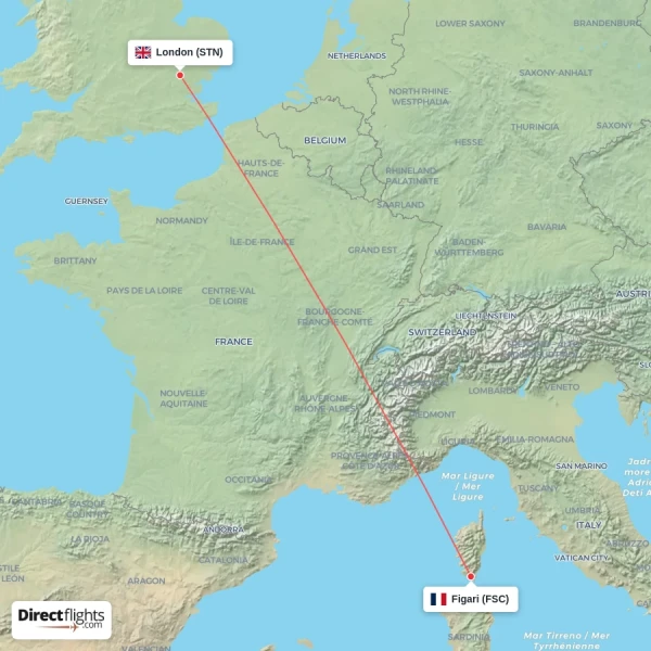 Figari - London direct flight map