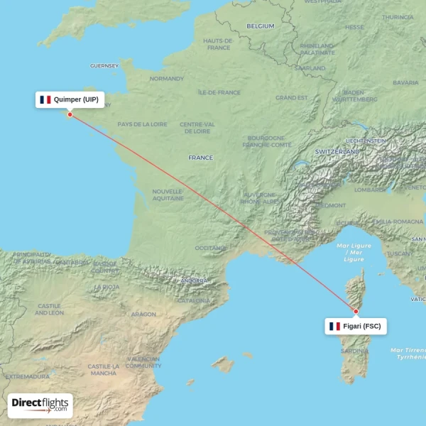Figari - Quimper direct flight map