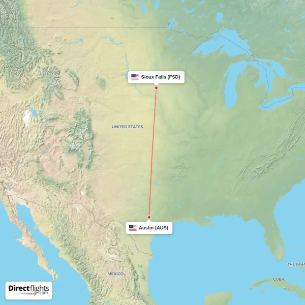 Sioux Falls - Austin direct flight map