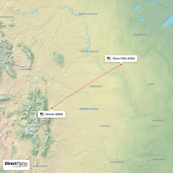 Sioux Falls - Denver direct flight map