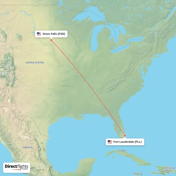 Sioux Falls - Fort Lauderdale direct flight map