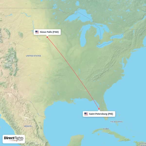 Sioux Falls - Saint Petersburg direct flight map