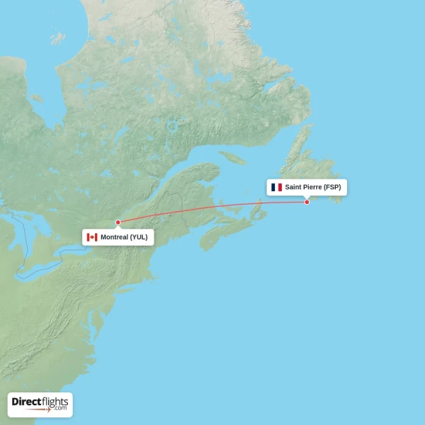 Saint Pierre - Montreal direct flight map