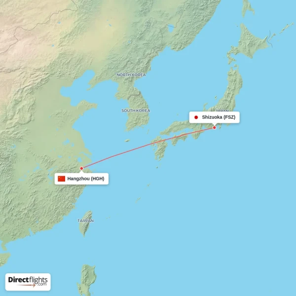 Shizuoka - Hangzhou direct flight map