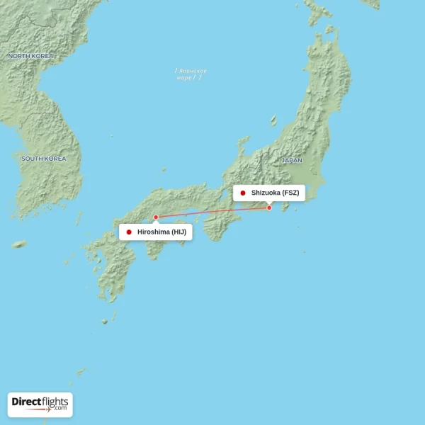 Shizuoka - Hiroshima direct flight map