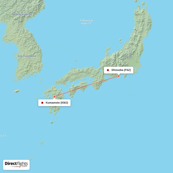 Shizuoka - Kumamoto direct flight map