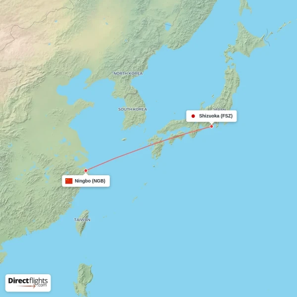Shizuoka - Ningbo direct flight map