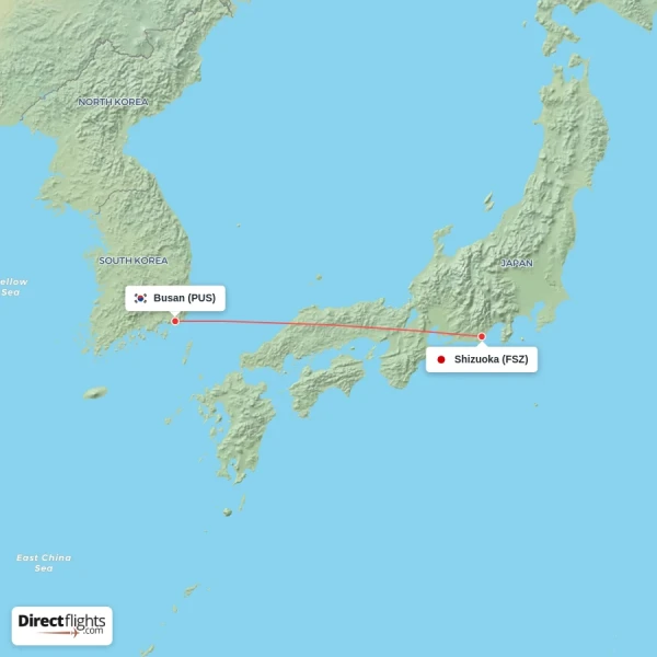 Shizuoka - Busan direct flight map