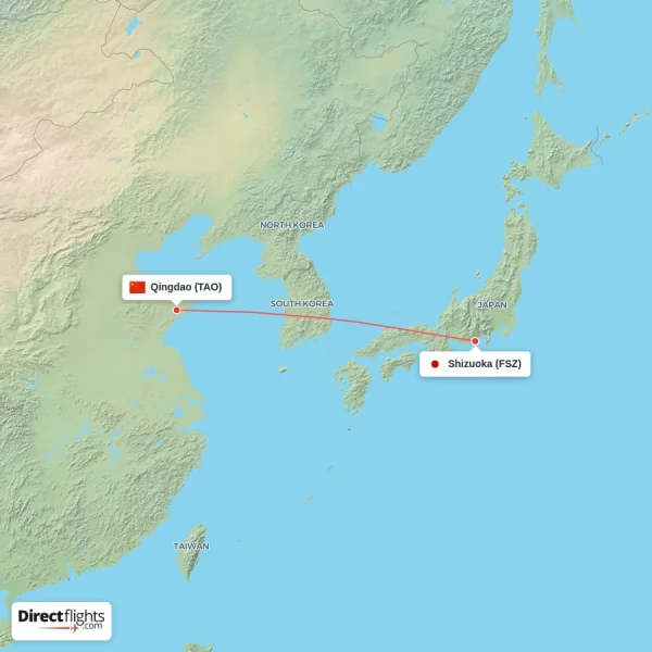 Shizuoka - Qingdao direct flight map
