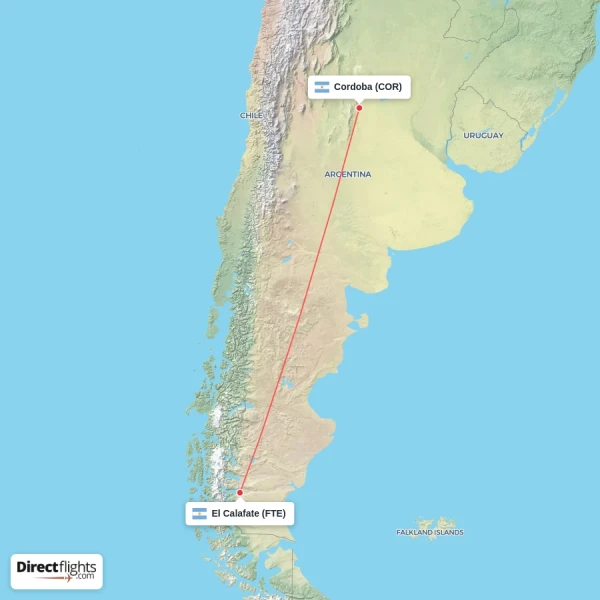 El Calafate - Cordoba direct flight map