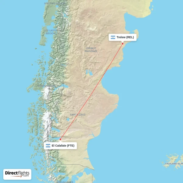 El Calafate - Trelew direct flight map