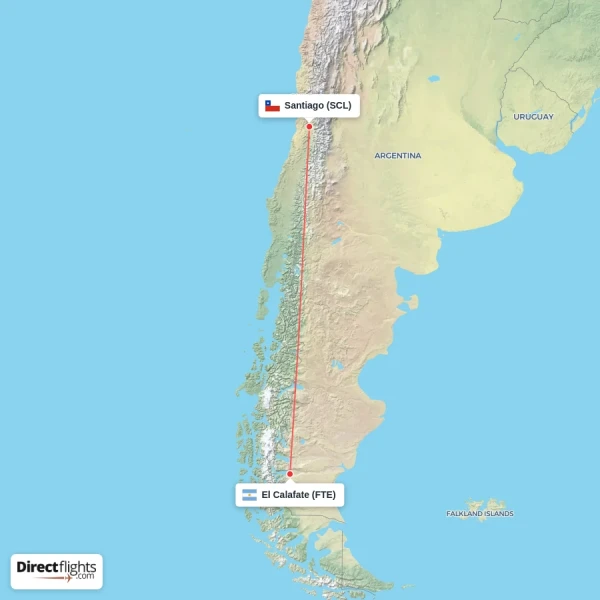 El Calafate - Santiago direct flight map