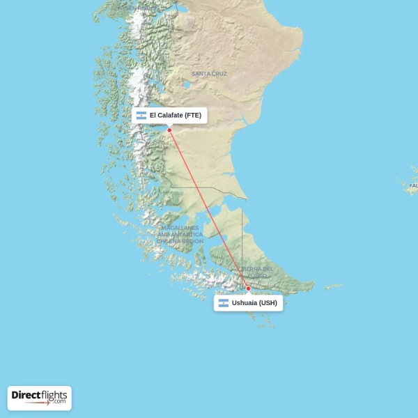 El Calafate - Ushuaia direct flight map