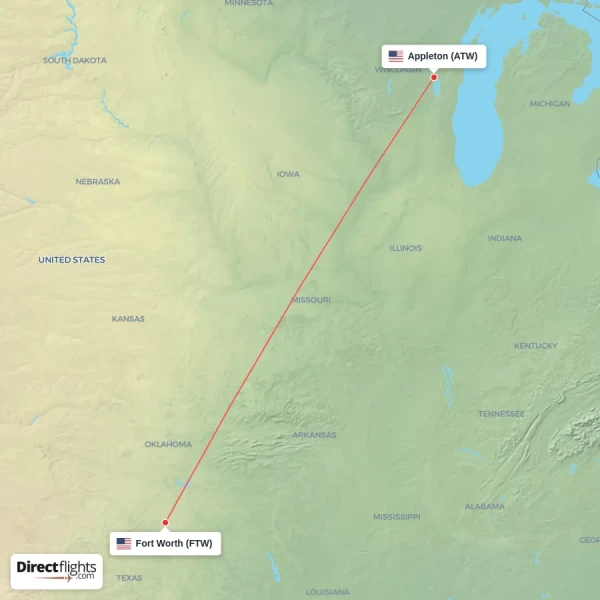 Fort Worth - Appleton direct flight map