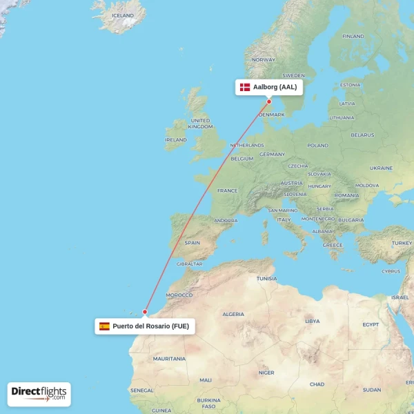 Puerto del Rosario - Aalborg direct flight map