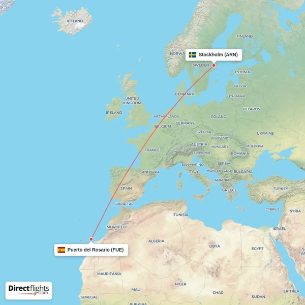 Puerto del Rosario - Stockholm direct flight map