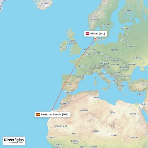 Puerto del Rosario - Billund direct flight map