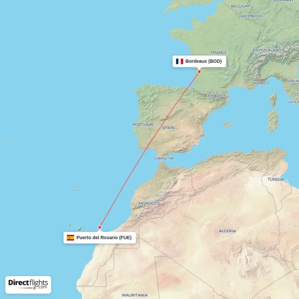 Puerto del Rosario - Bordeaux direct flight map