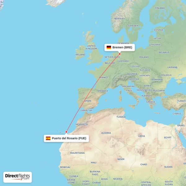 Puerto del Rosario - Bremen direct flight map